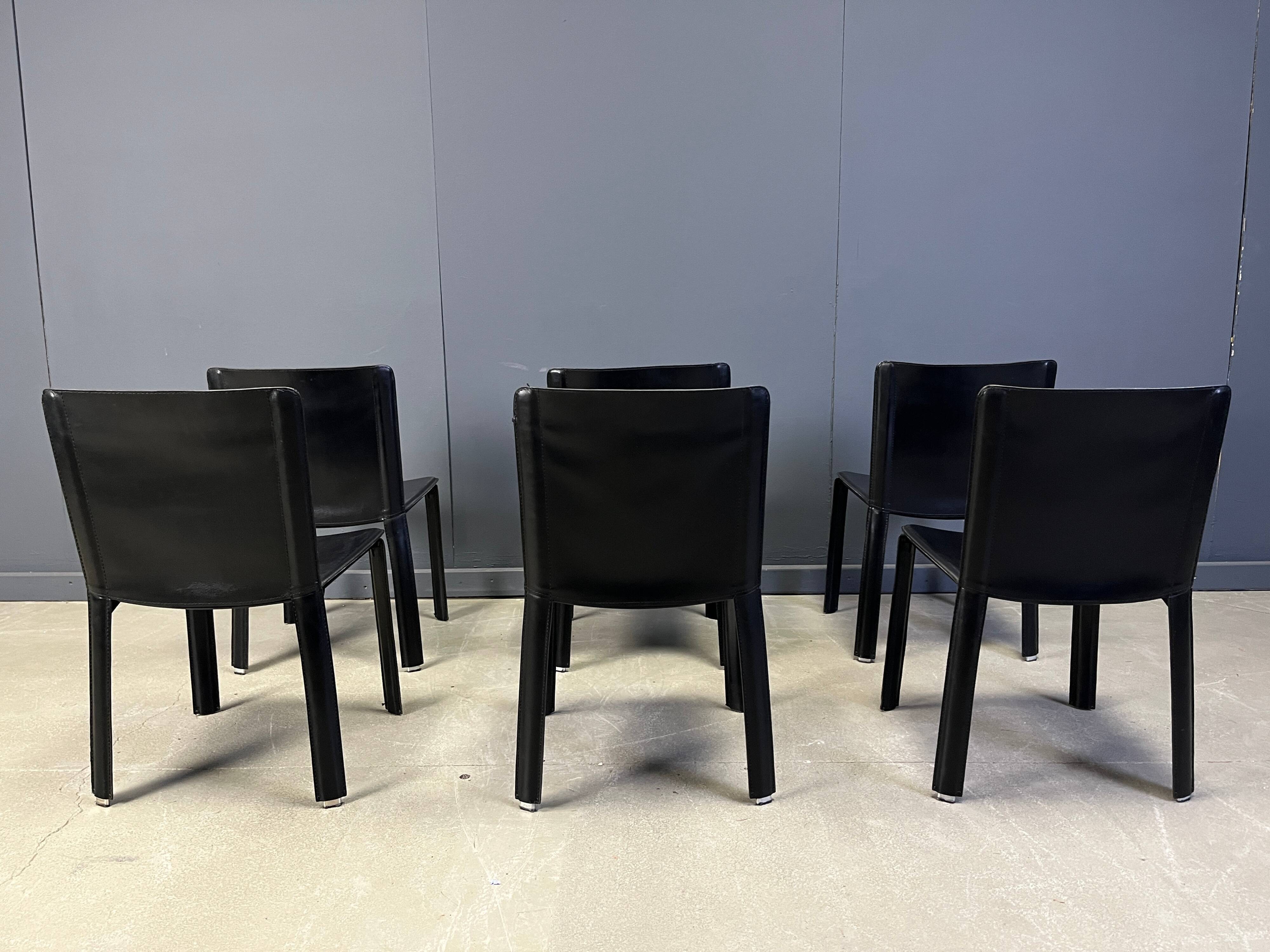 Vintage black leather dining chairs by Cidue, set of 6 - 1980s