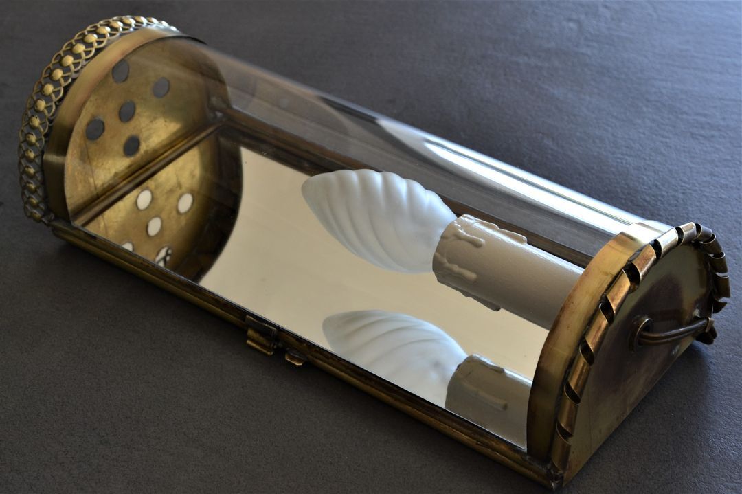 vintage mirror wall lamp, domed glass and golden brass