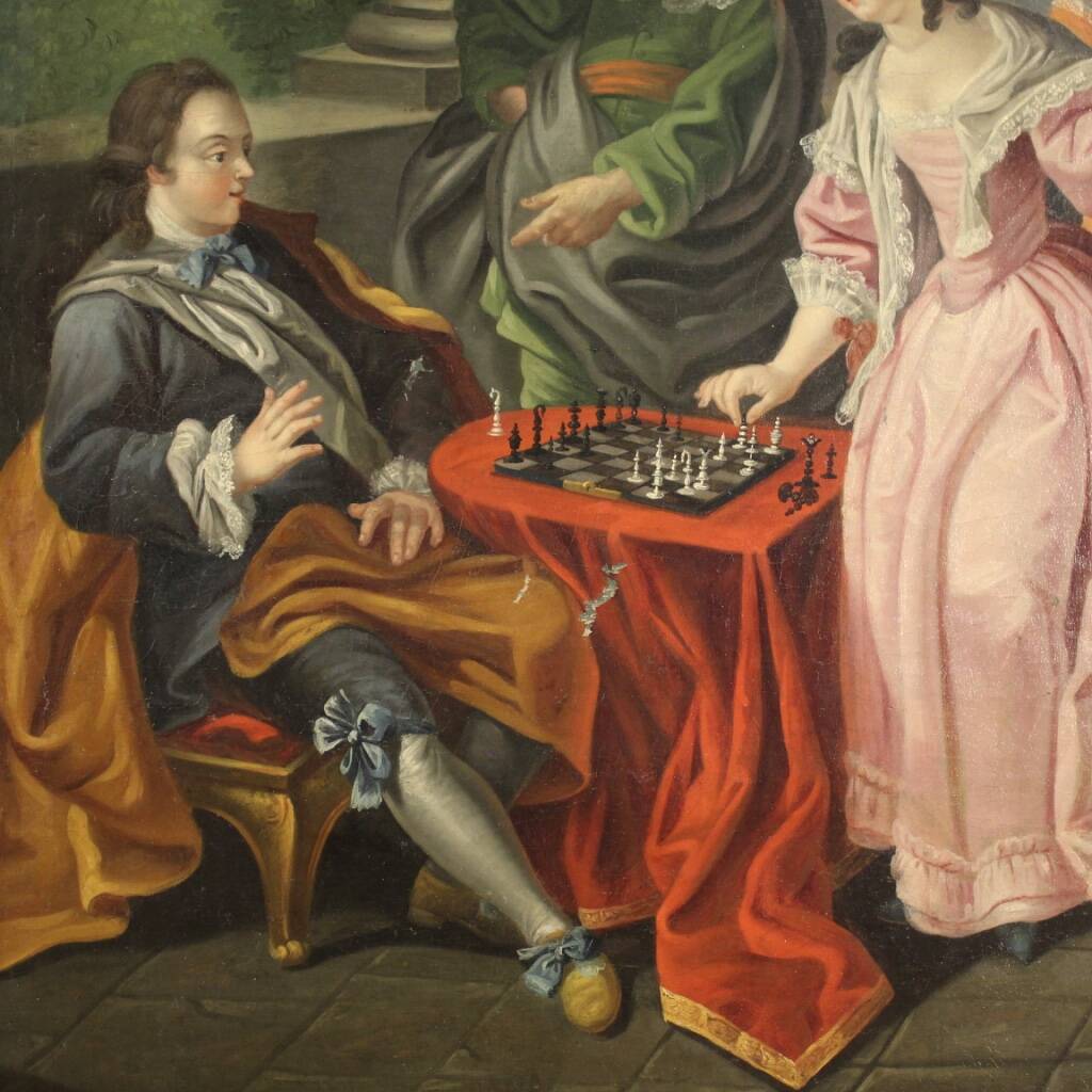 French painting from the 18th century, couple playing chess