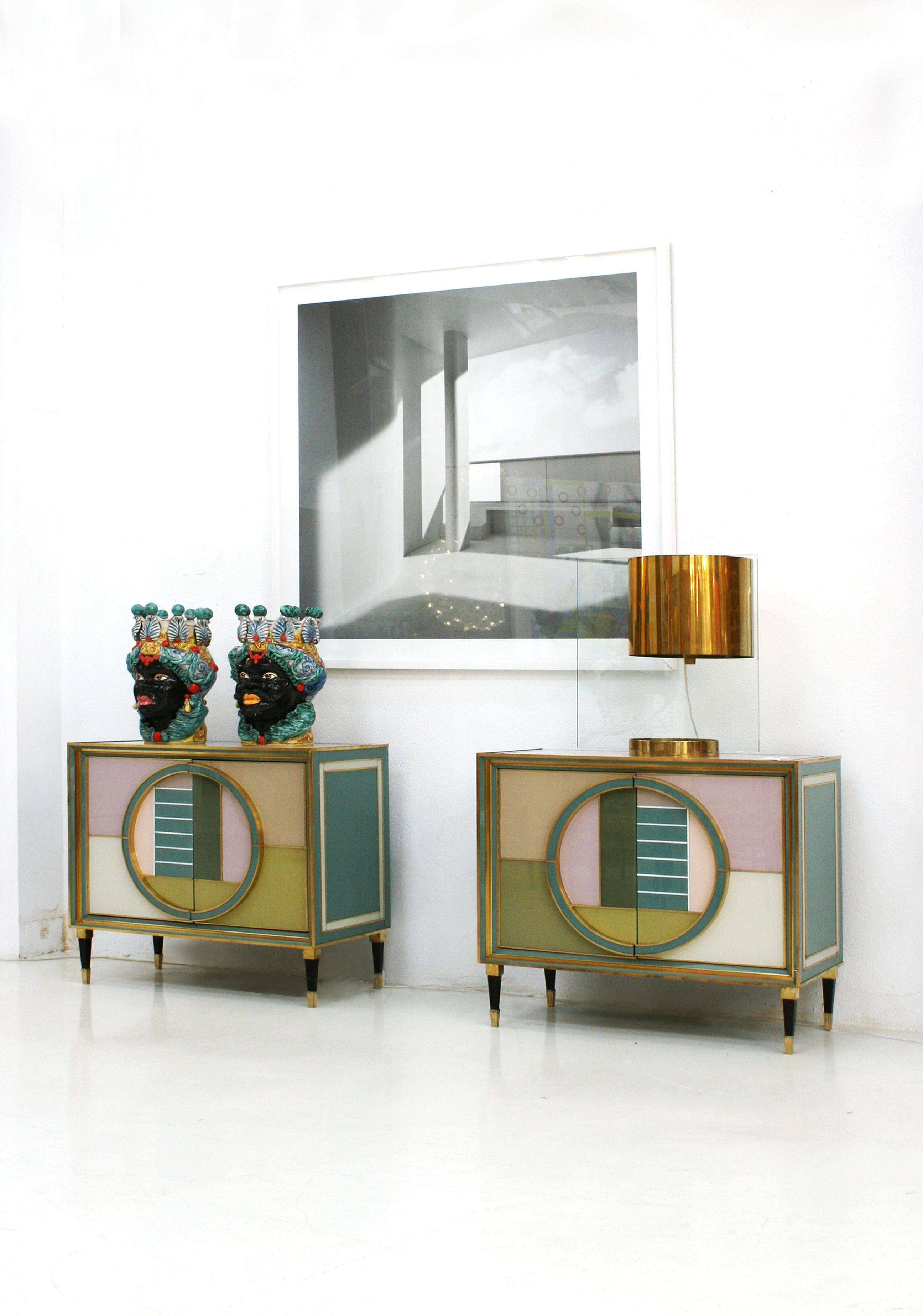 Mid-Century Modern Style Italian Cabinet Wood, Brass and Colored Glass