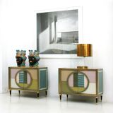 Mid-Century Modern Style Italian Cabinet Wood, Brass and Colored Glass