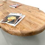 XXL oval coffee table in solid oak, cylindrical base, 1950s.