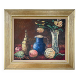 Nature morte avec une cruche bleue et des tulipes