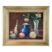 Nature morte avec une cruche bleue et des tulipes