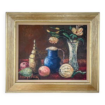 Nature morte avec une cruche bleue et des tulipes