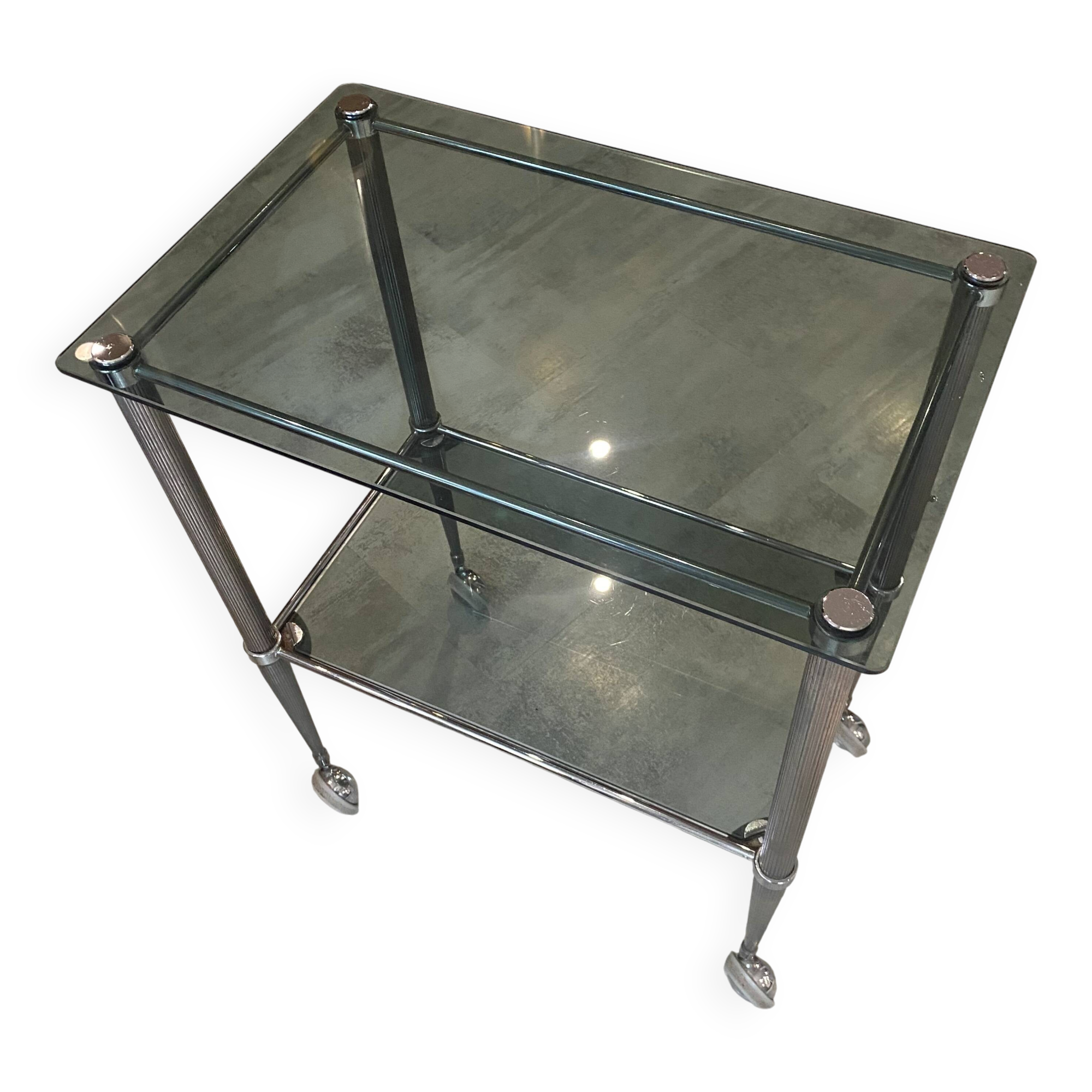 Vintage 1950s silver metal bar cart with wheels and two glass shelves