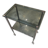 Vintage 1950s silver metal bar cart with wheels and two glass shelves