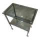Vintage 1950s silver metal bar cart with wheels and two glass shelves