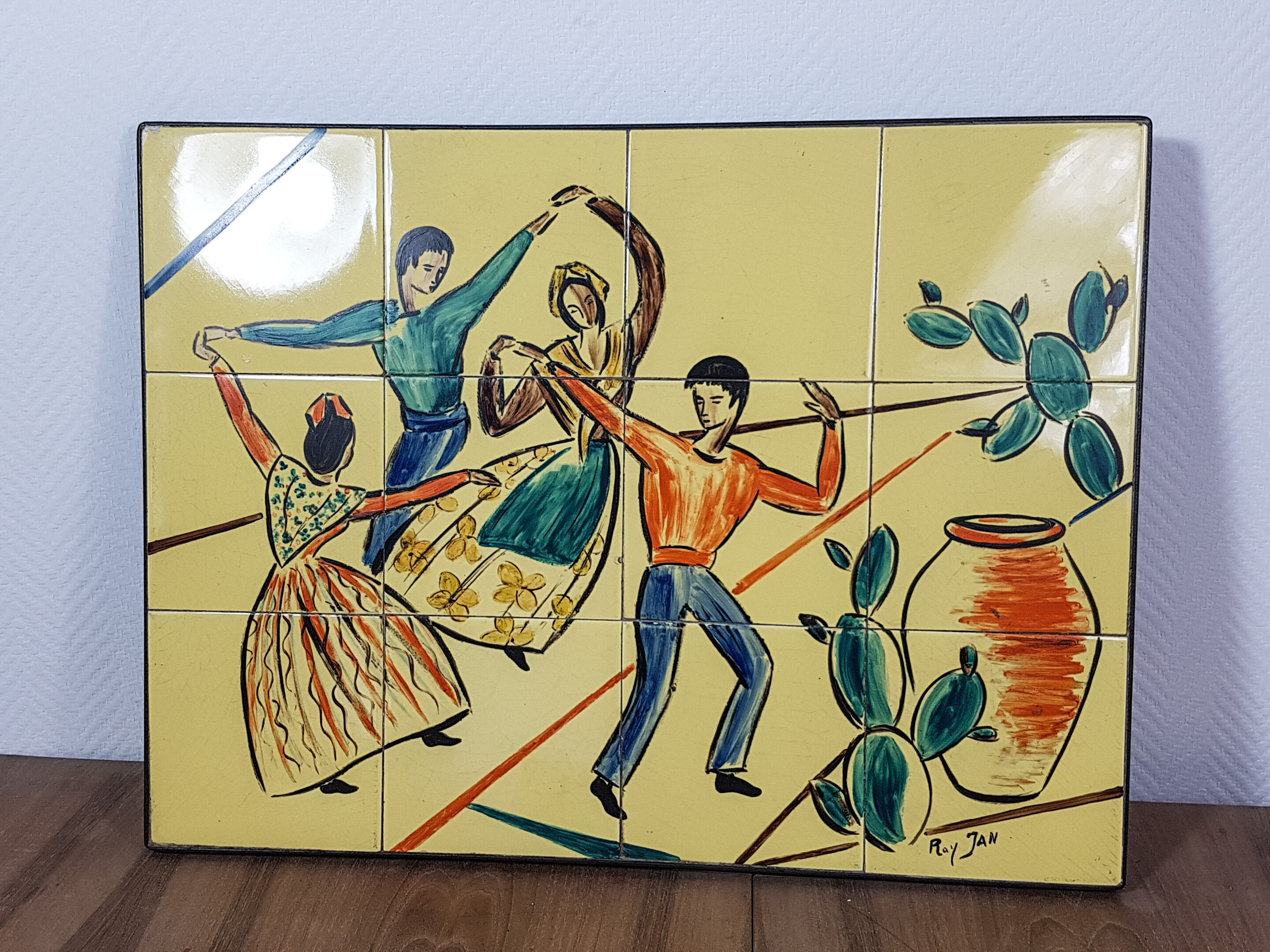 Wrought iron coffee table porcelain tray painted with a vintage Provencal scene 60s/70s