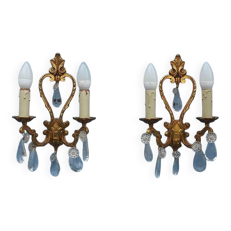 French antique Louis XV style twin arm wall sconces in bronze with crystals.