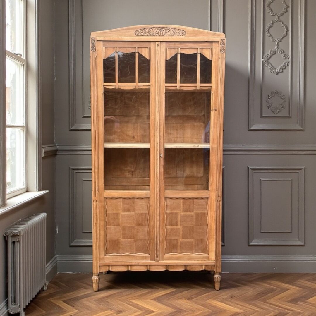 Parisian glass-fronted Art Deco wardrobe in solid raw walnut.