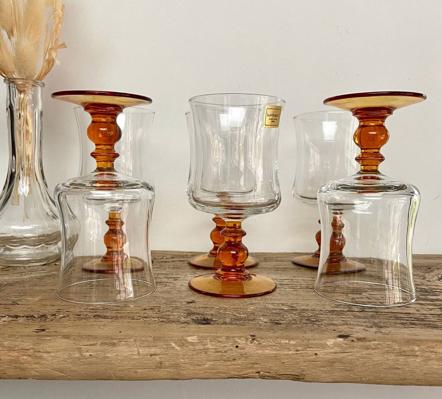 6 vintage amber stemmed glasses