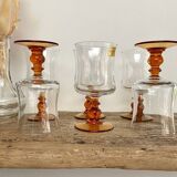 6 vintage amber stemmed glasses
