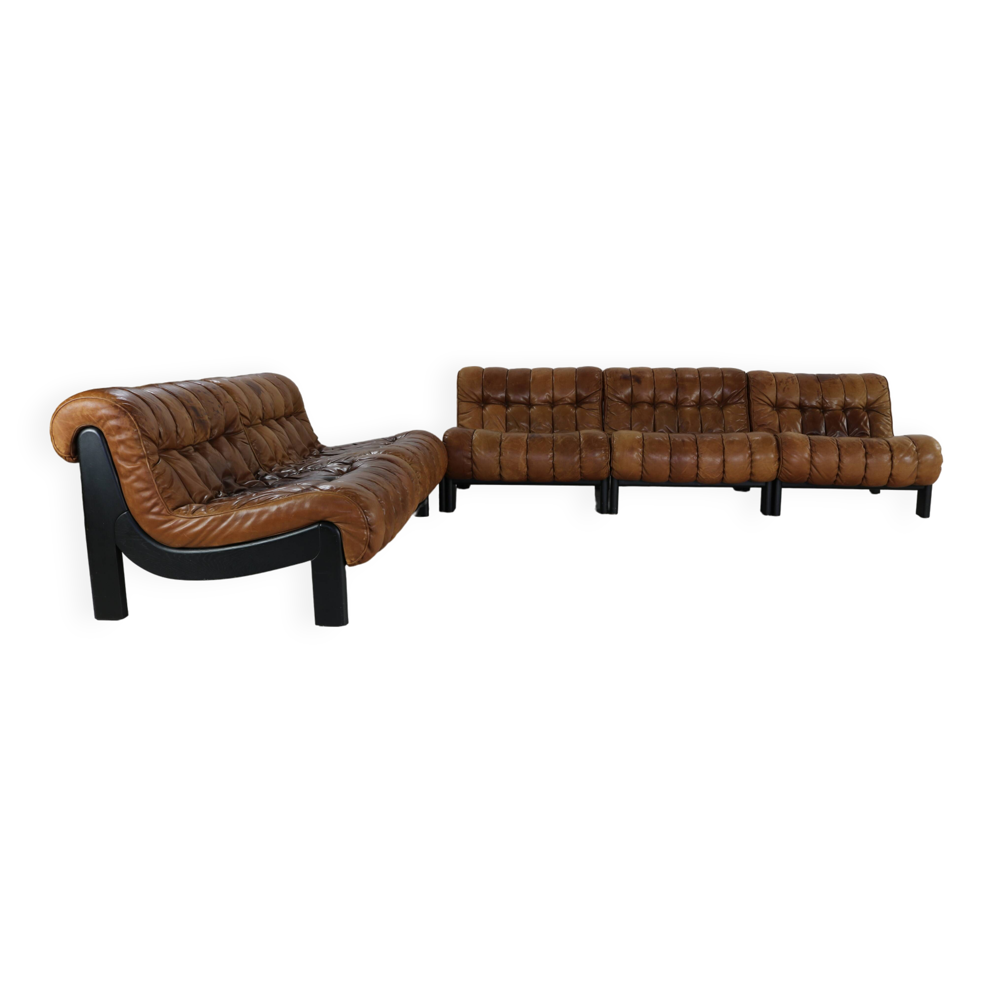 70s living room set in cognac brown leather with black wenge wood frame
