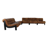 Ensemble de salon des années 70 en cuir marron cognac avec structure en bois wengé noir