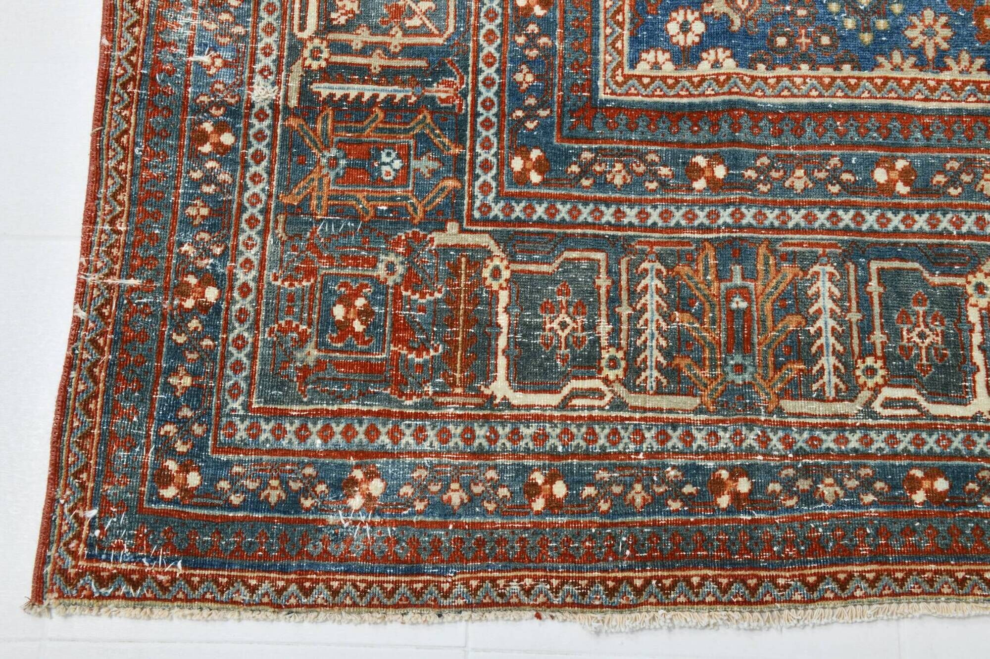 Vintage Turkish rug in brick red and indigo with floral design, 276 × 389 cm