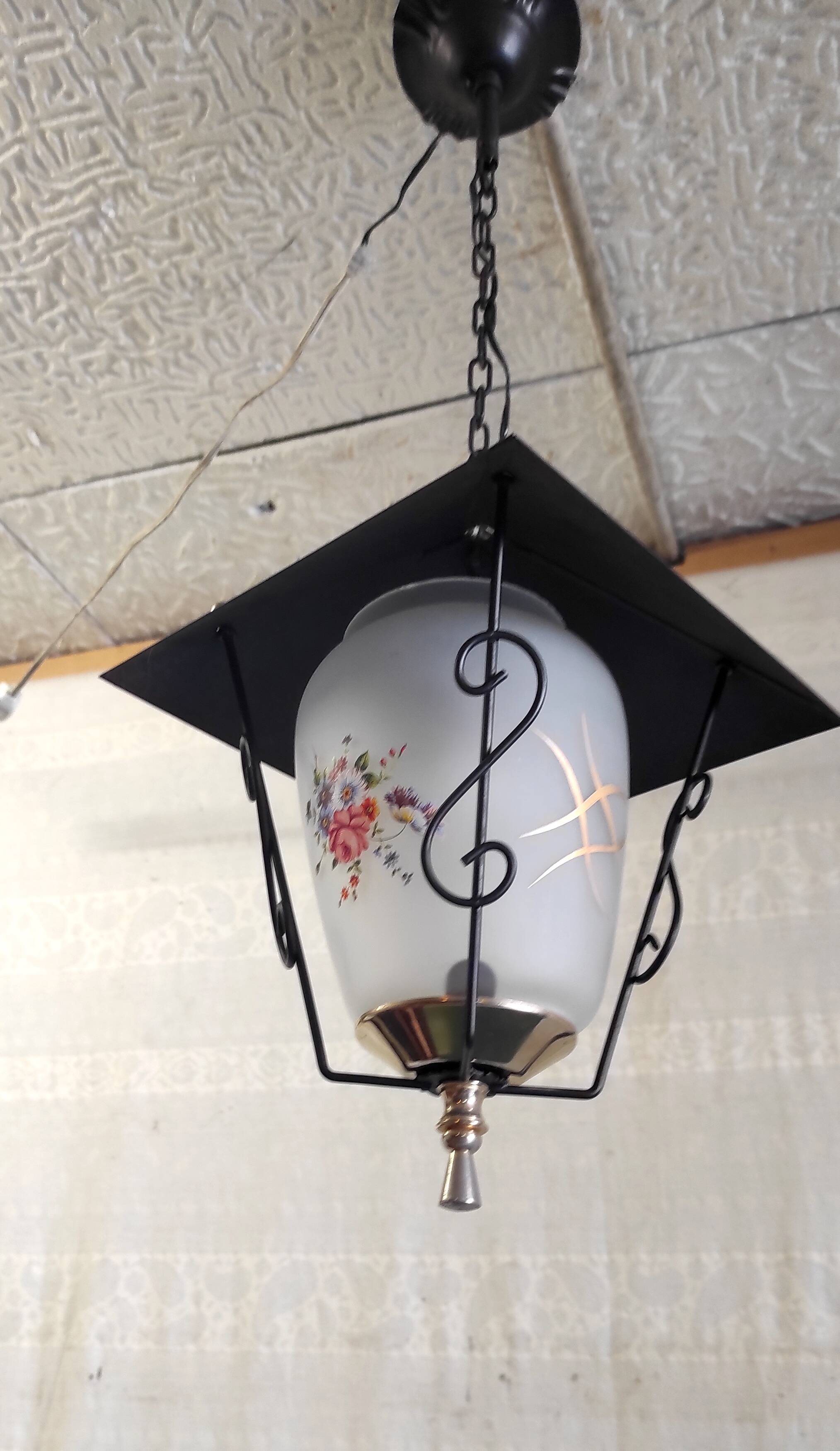 Lantern pendant light in metal, brass and glass - 50s/60s