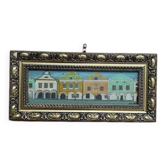 Original woodcut art 'Buildings I' by unknown artist, vintage & framed 34×16cm
