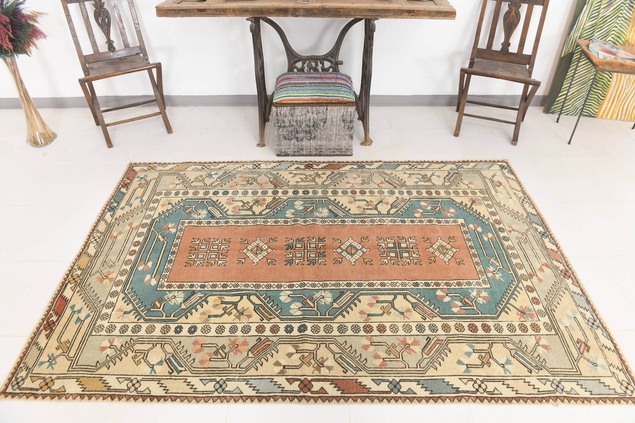 5x8 Shades Of Copper Green Vintage Oushak Rug, 146x227Cm SKU 24356
