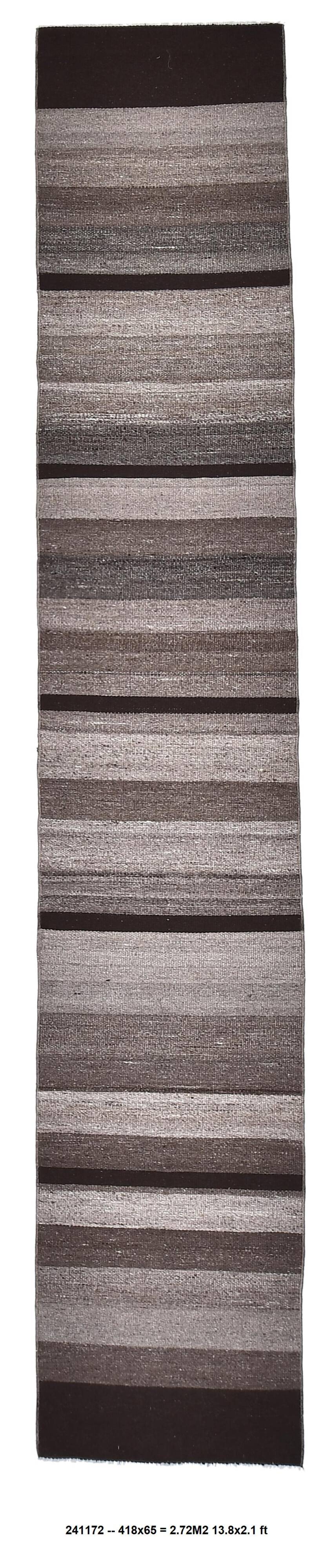 418x65 cm dark brown beige turkish runner wool kilim rug, corridor kilim