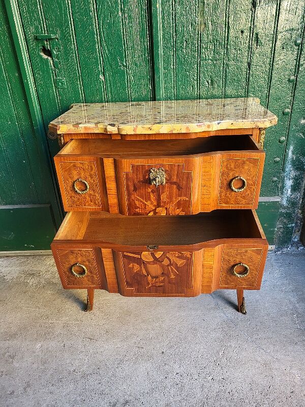 Chest of drawers transition Louis XVl marquetry marble top