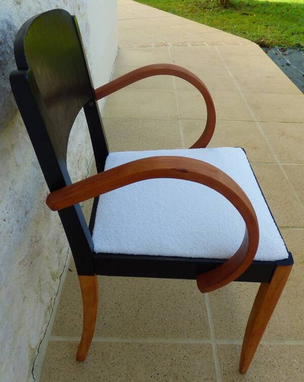 Fauteuil bridge Stella en bois et tissu, années 50