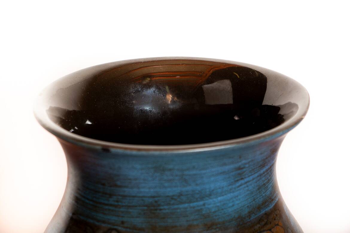 Vallauris, Modernist Vase, blue glazed ceramic, Jean de Lespinasse.