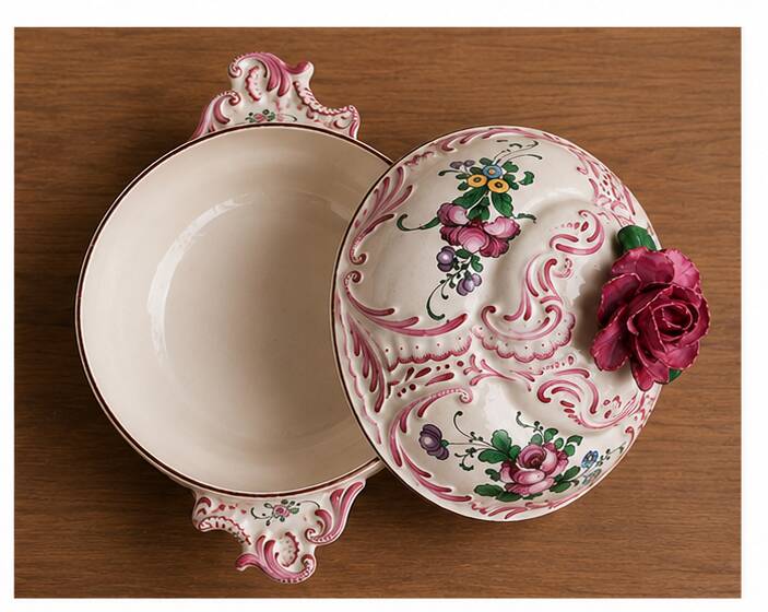 Strasbourg soup tureen in hand-painted French earthenware in yellow and pink.