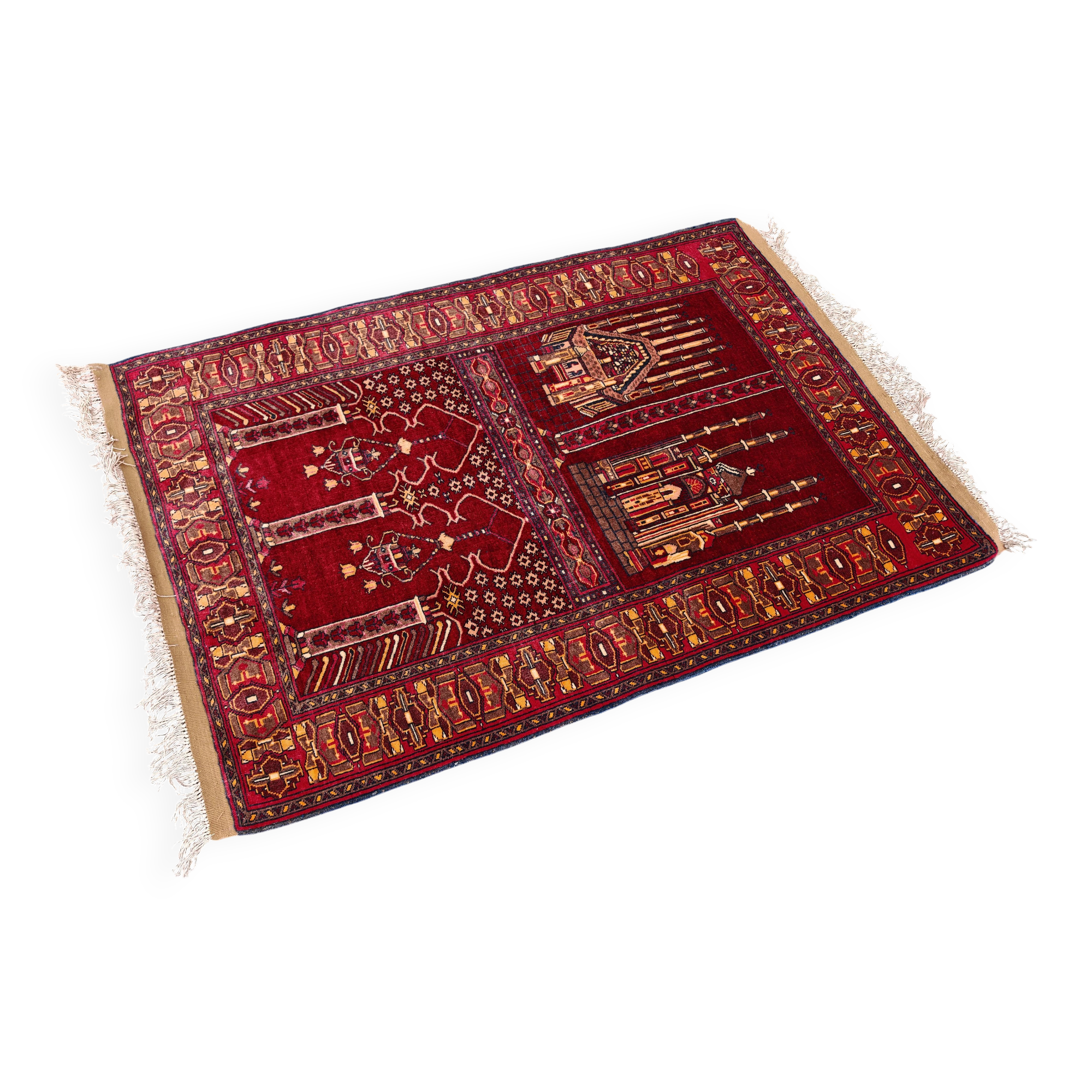 Vintage Afghan hand-knotted prayer rug with Islamic patterns.
