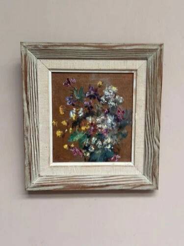 Mid-Century Oil on Panel “Flowers” by Unknown, Vintage & Framed