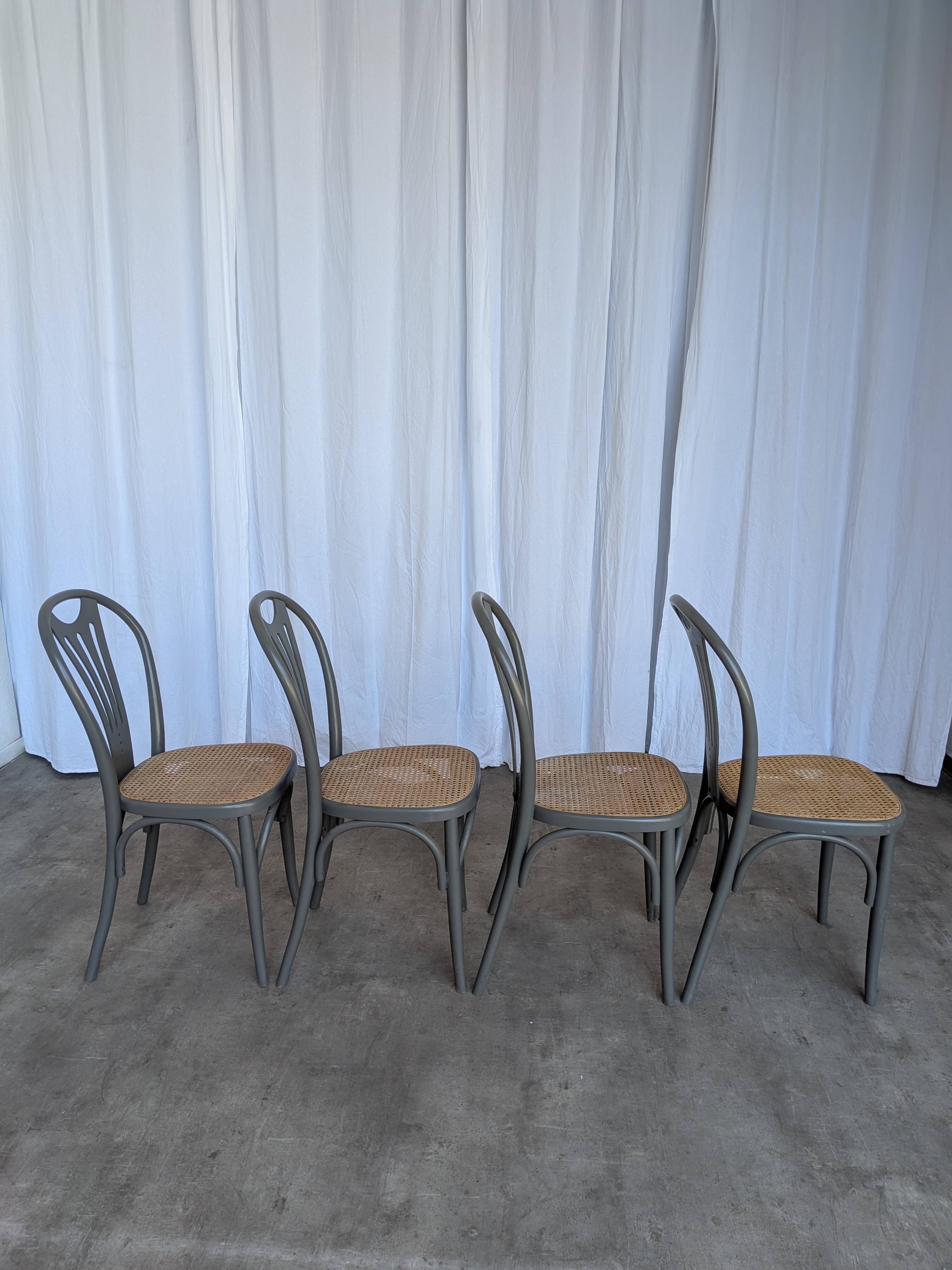 Set of 4 Vintage Gray Thonet Style Dining Chairs with Cane Seat