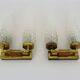 Pair of double-light wall lights, brass, teak globe, glass tubes. 50s-60s