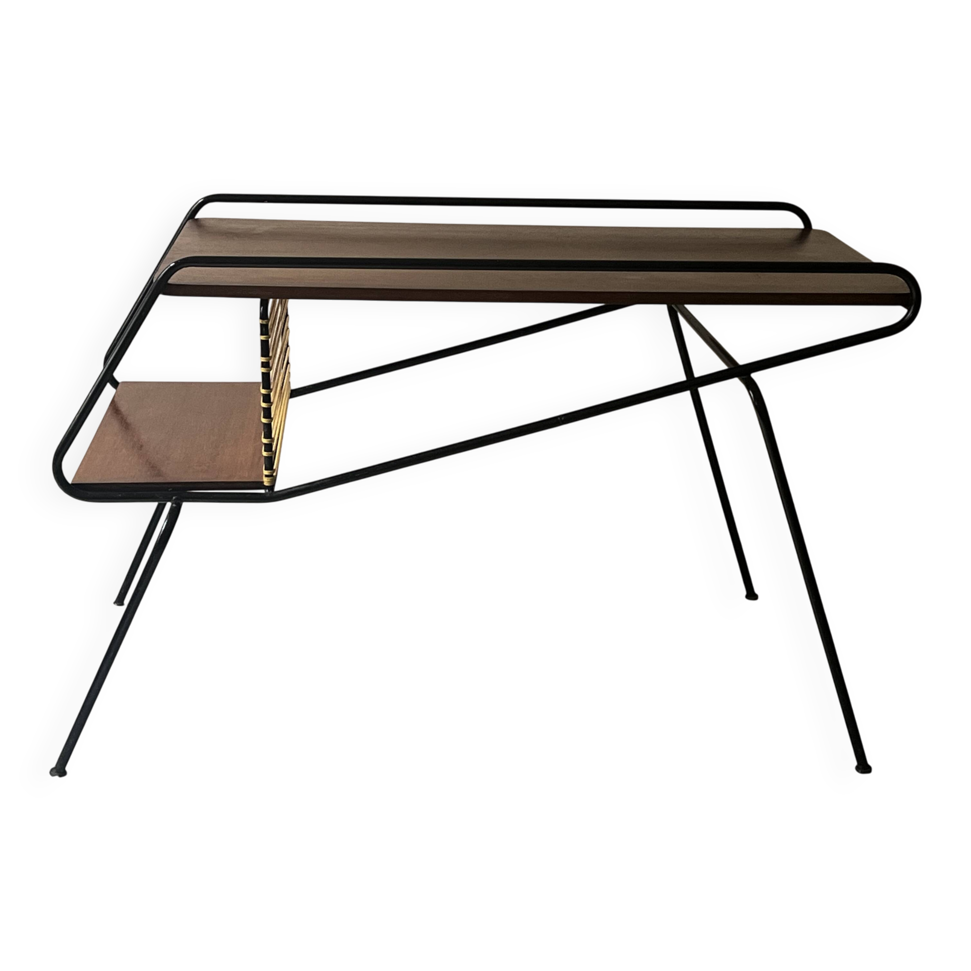 Modernist TV/Hifi table in wood & metal by J. Hitier, French design 1950.