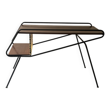 Modernist TV/Hifi table in wood & metal by J. Hitier, French design 1950.