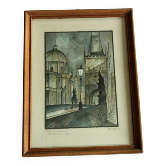 1946 original watercolor painting "Charles Bridge in Prague", signed and professionally framed
