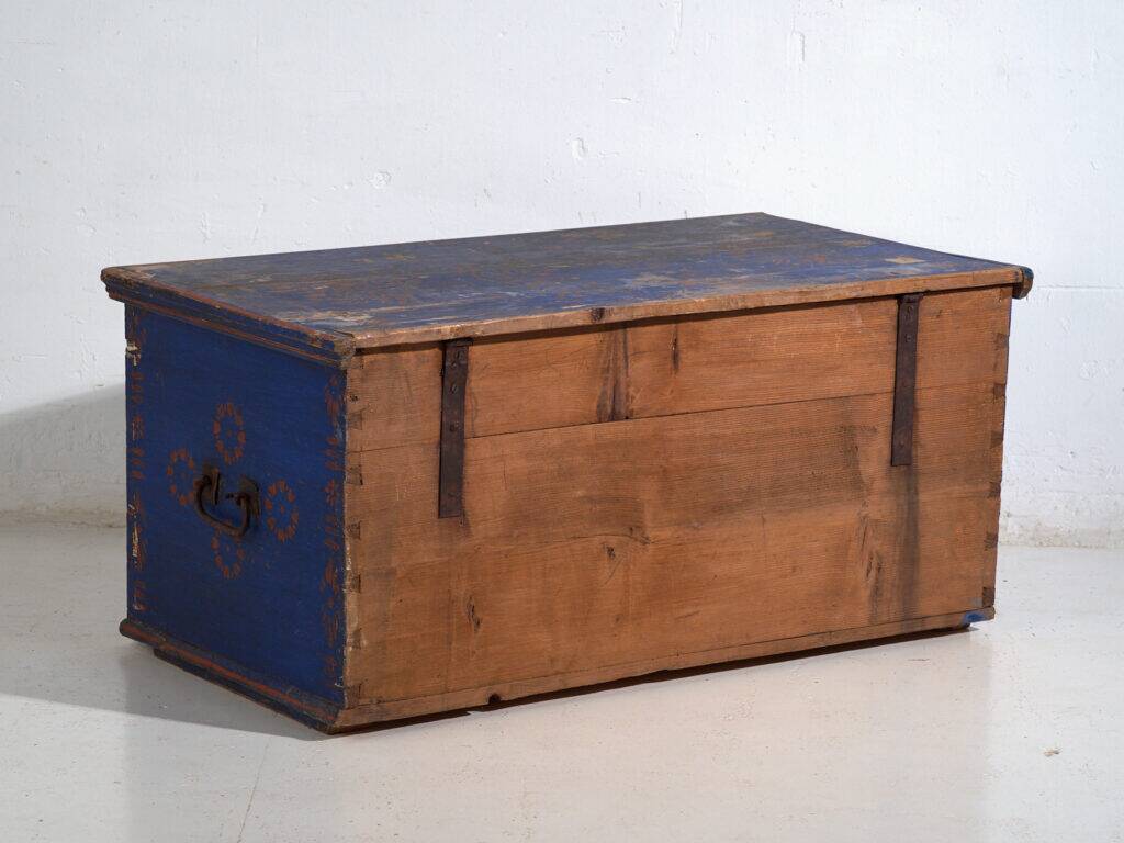 Antique wooden chest painted blue – folk art – Central Europe around 1900