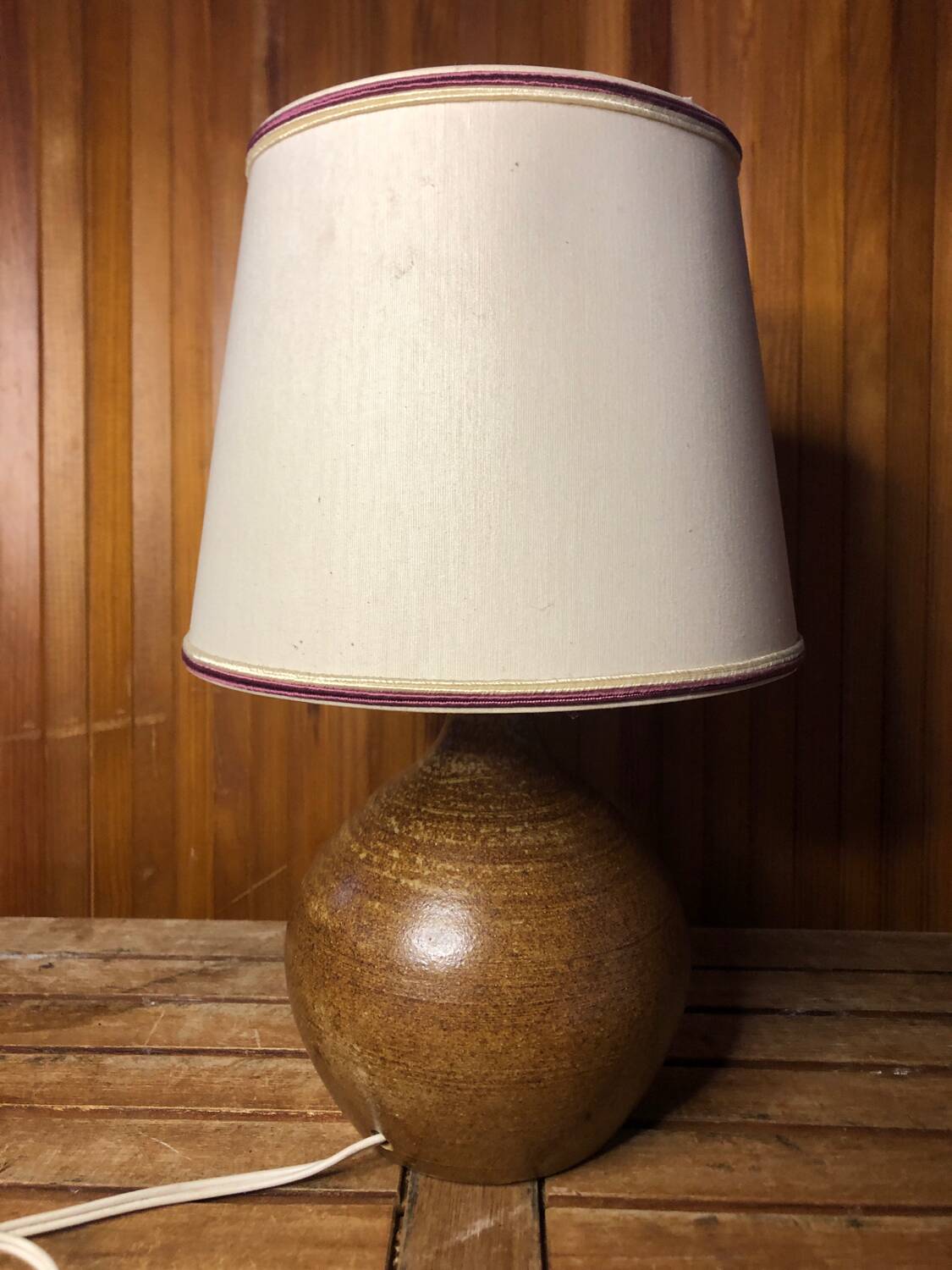 Ancienne lampe boule en grès + abat-jour blanc vintage #a549