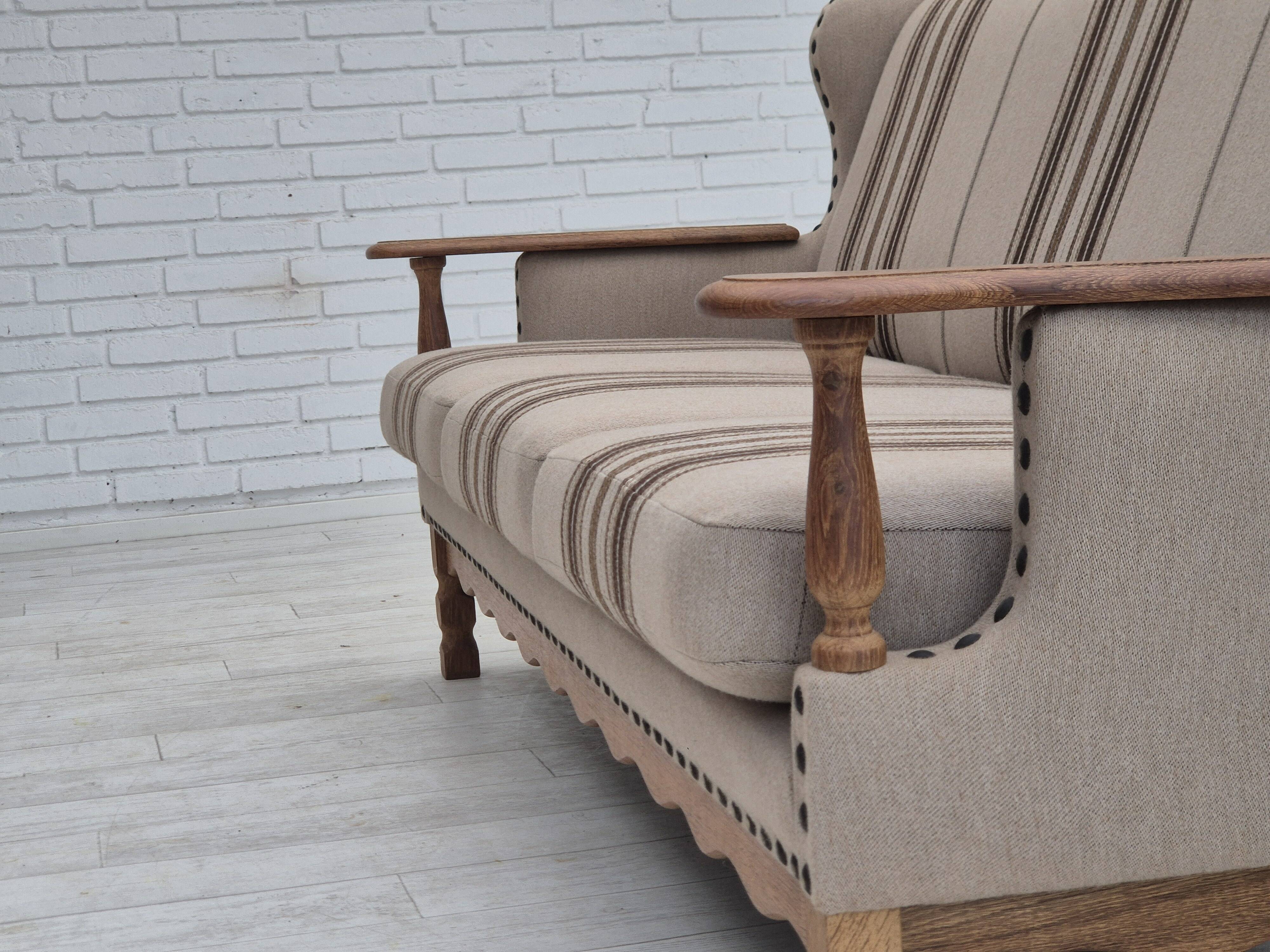 1970s, Danish 3-seater sofa, furniture wool fabric, oak wood, original.