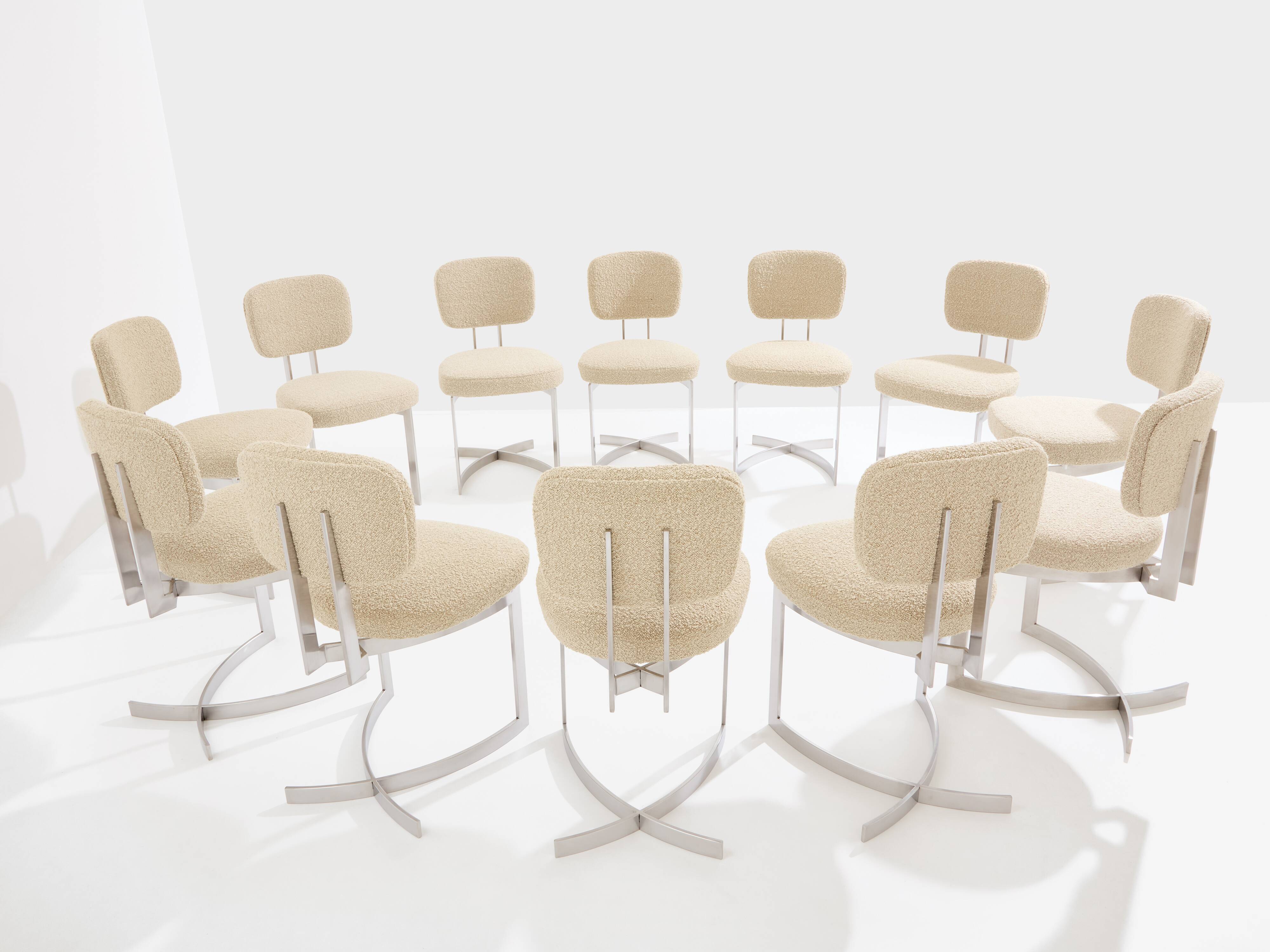 Paul Legeard set of 12 stainless steel and curly wool chairs 1970