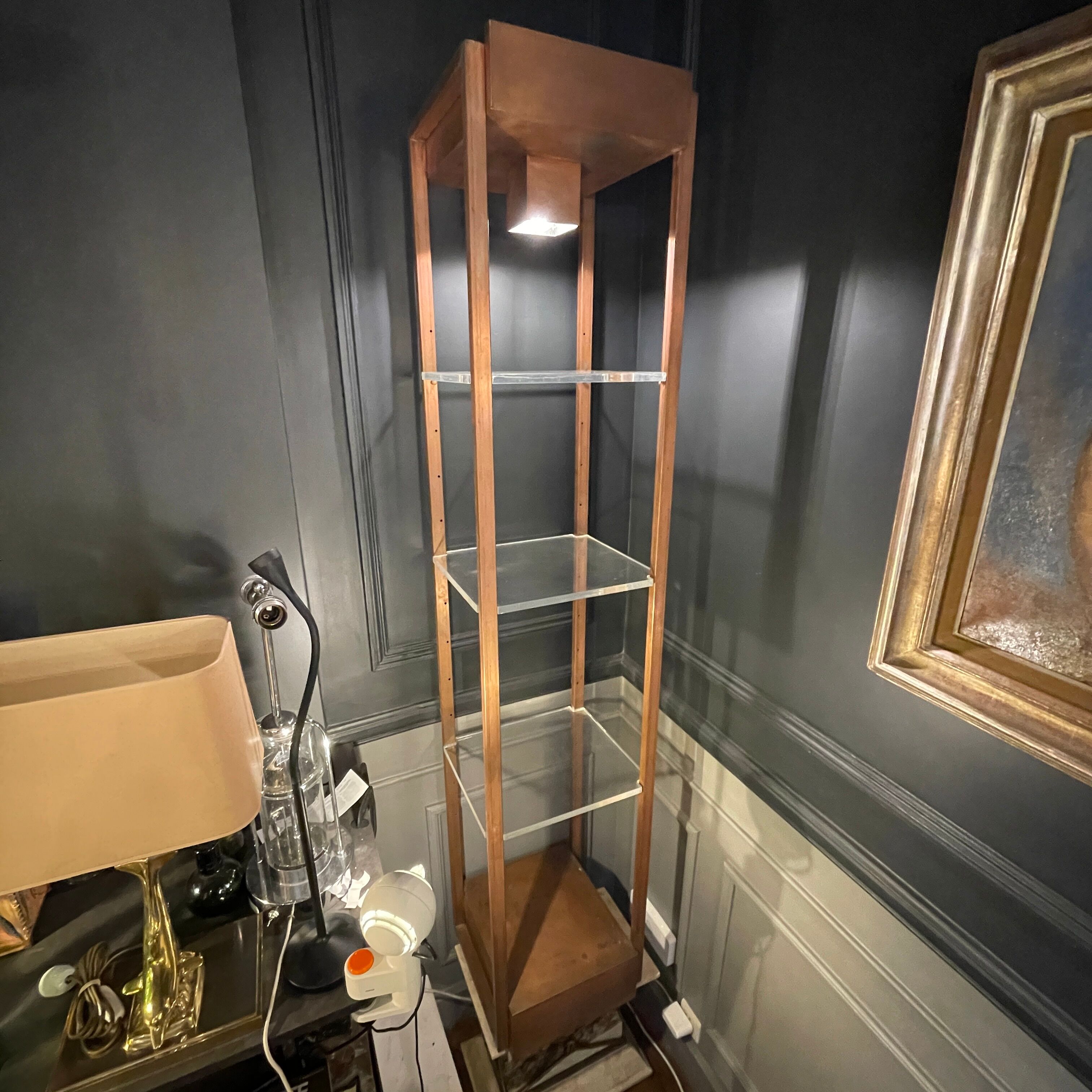 Vintage illuminated column shelf, copper steel, brutalist industrial design, ca 1970