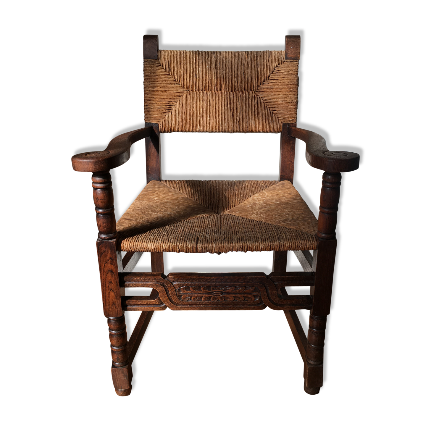 Rustic armchair solid wood and plaited straw