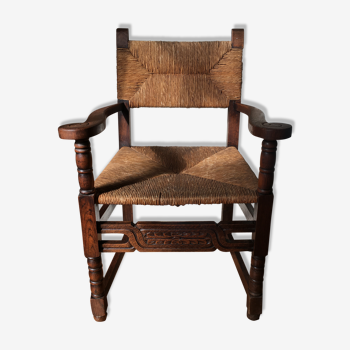 Rustic armchair solid wood and plaited straw