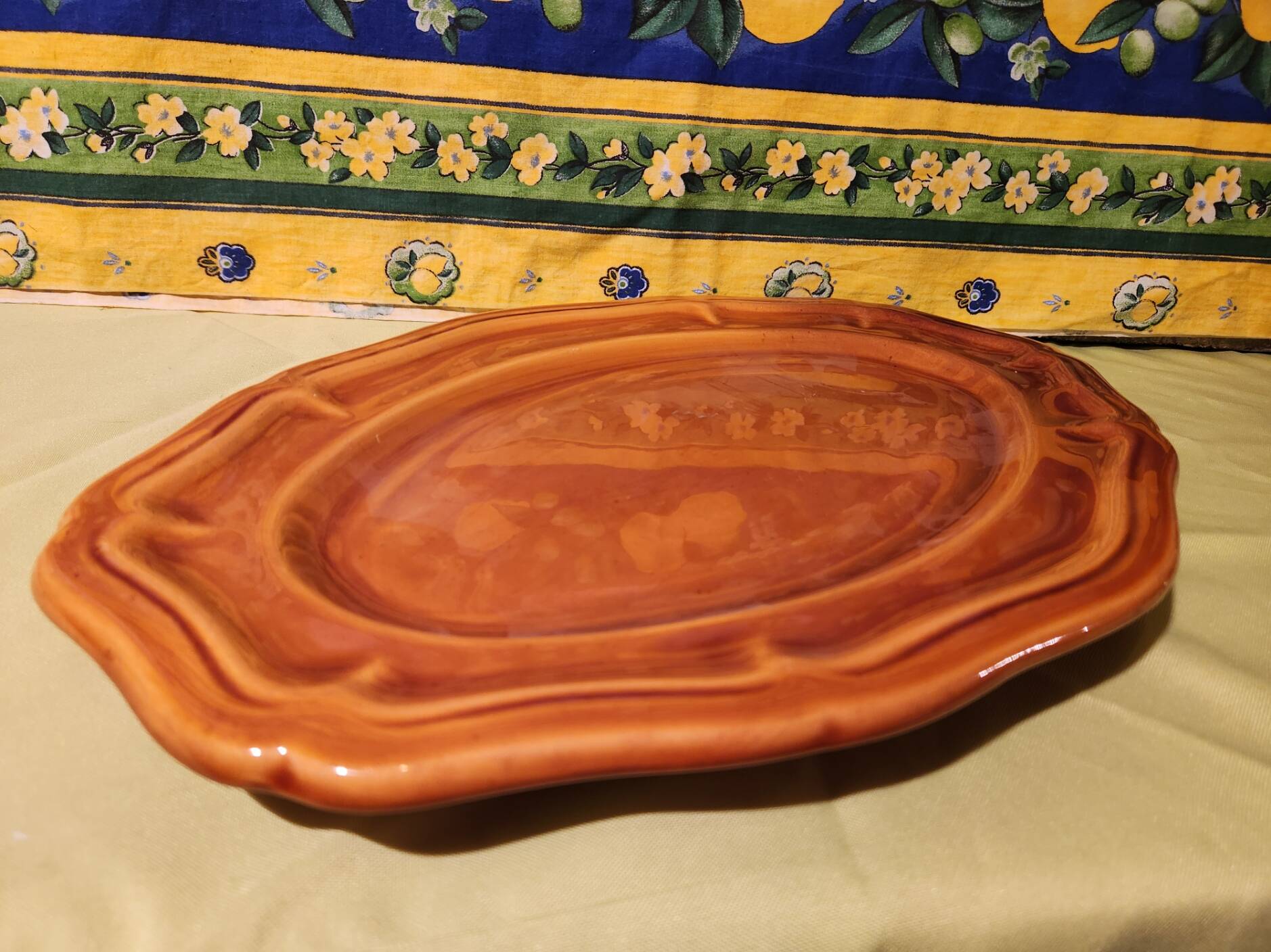 Large thick oval serving dish, Provence ceramic fleur-de-lis