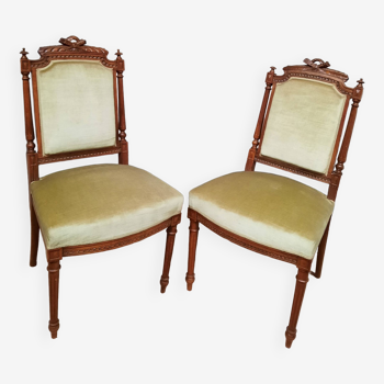 Pair of oak and velvet chairs