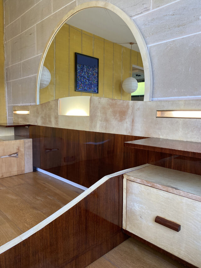 Bed with integrated bedside in rosewood and parchment, art deco period, twentieth century