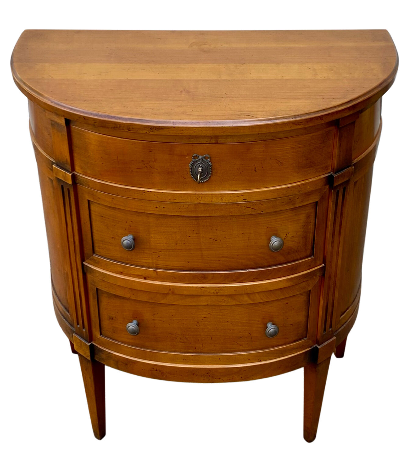 Commode demi-lune 3 tiroirs en merisier style Louis XVI