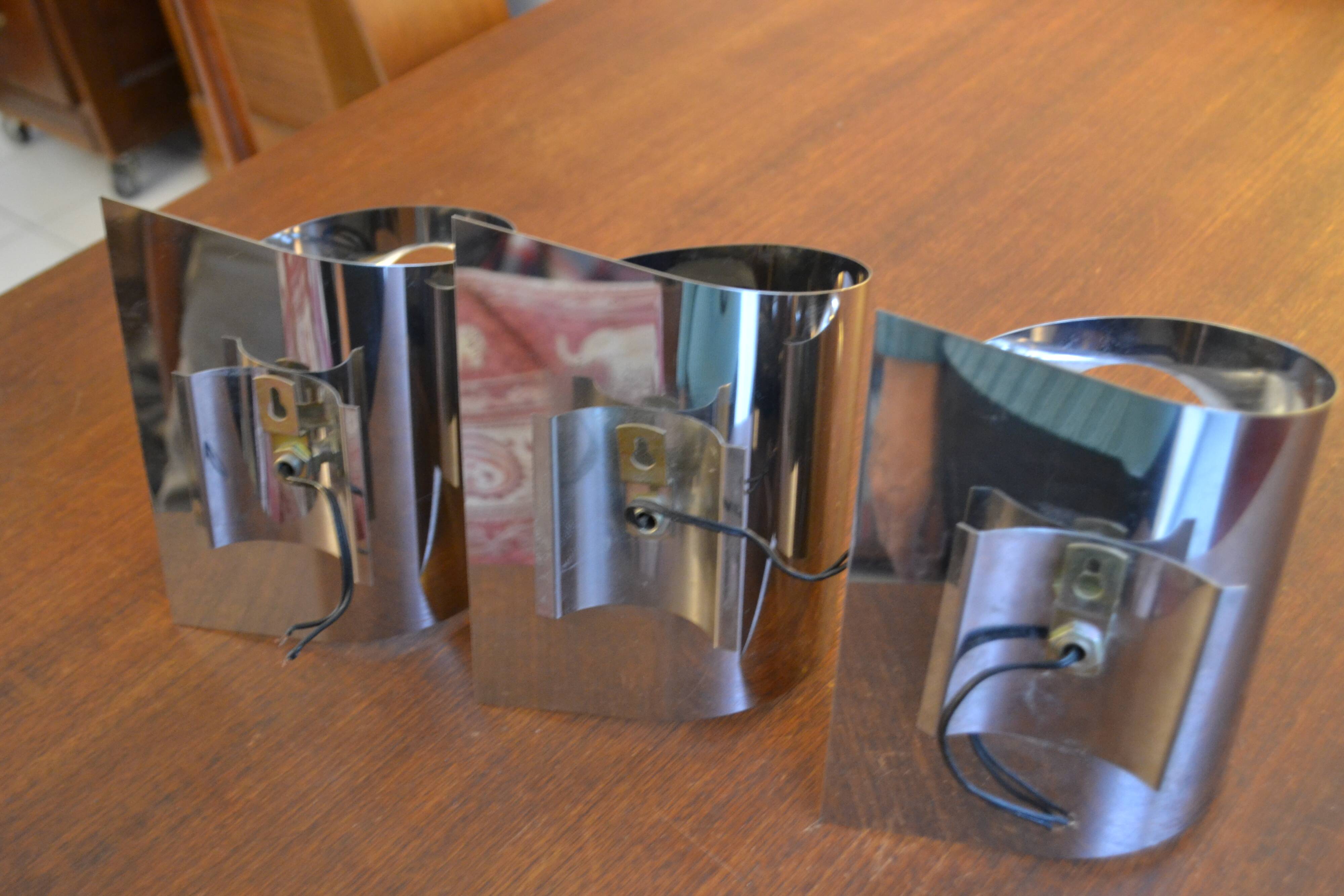 3 70s chrome metal wall lights