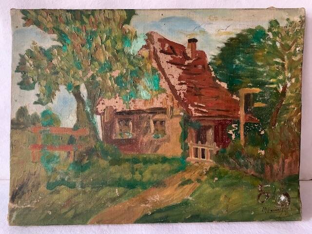 Old impressionist painting, country house, signed / late 19th century