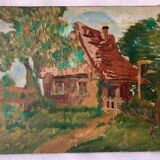 Tableau ancien impressionniste, maison de campagne, signé / fin XIXème