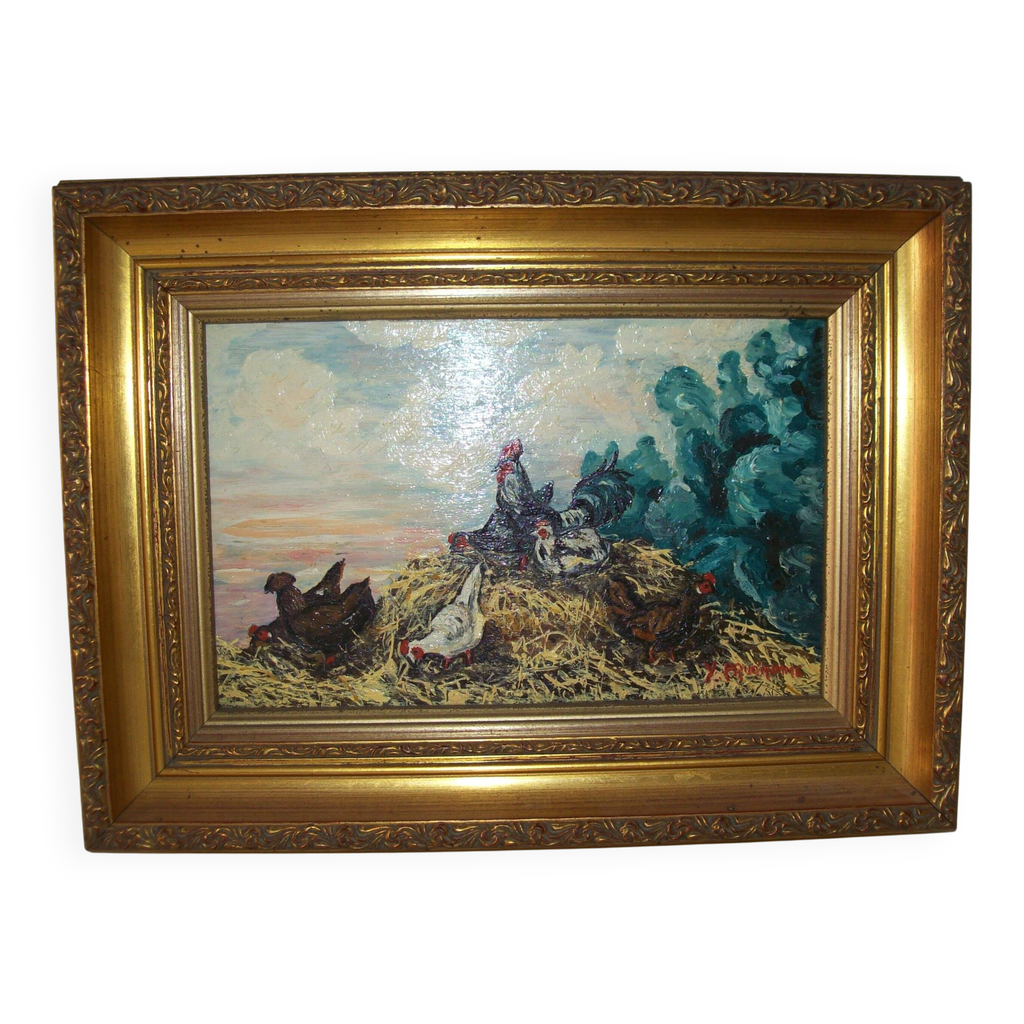 Oil on wood panel rooster and hens signed